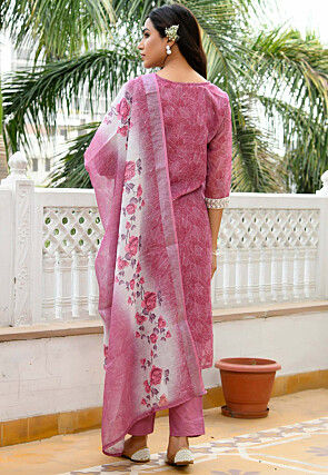 Printed Linen Cotton Pakistani Suit in Dusty Purple