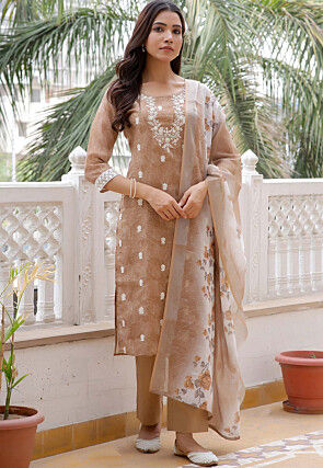 Printed Linen Cotton Pakistani Suit in Light Brown