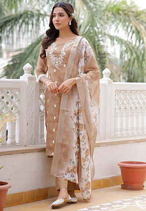Printed Linen Cotton Pakistani Suit in Light Brown