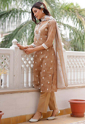 Printed Linen Cotton Pakistani Suit in Light Brown