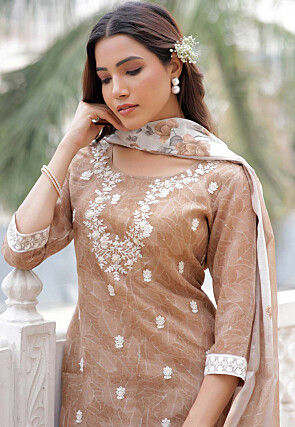 Printed Linen Cotton Pakistani Suit in Light Brown