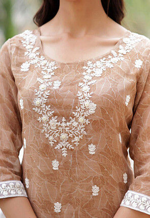 Printed Linen Cotton Pakistani Suit in Light Brown