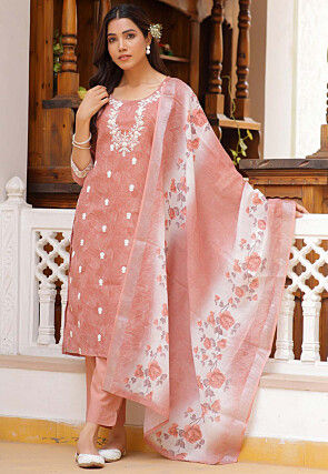 Printed Linen Cotton Pakistani Suit in Peach