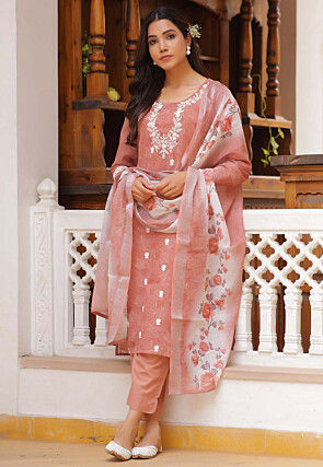Printed Linen Cotton Pakistani Suit in Peach