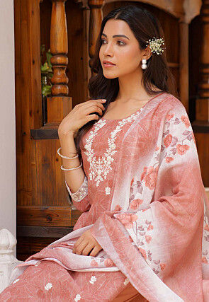 Printed Linen Cotton Pakistani Suit in Peach