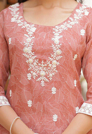 Printed Linen Cotton Pakistani Suit in Peach
