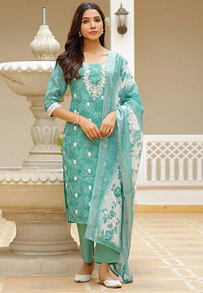 Printed Linen Cotton Pakistani Suit in Sea Green