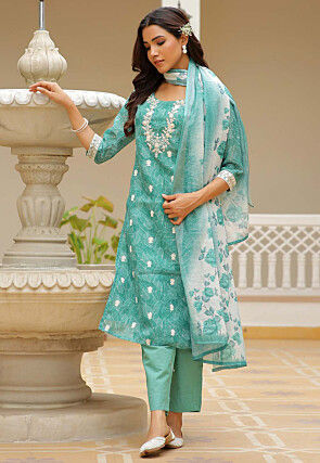 Printed Linen Cotton Pakistani Suit in Sea Green