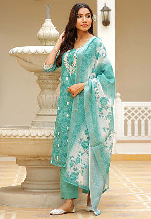 Printed Linen Cotton Pakistani Suit in Sea Green