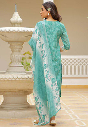 Printed Linen Cotton Pakistani Suit in Sea Green