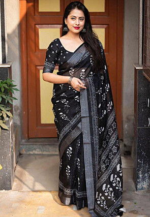 Printed Linen Cotton Saree in Black