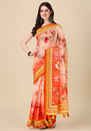 Digital Printed Linen Cotton Saree in Light Peach