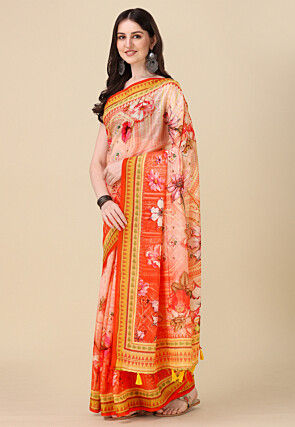 Digital Printed Linen Cotton Saree in Light Peach