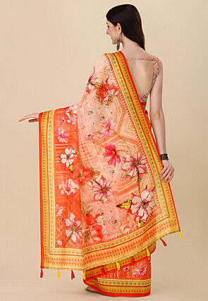 Digital Printed Linen Cotton Saree in Light Peach