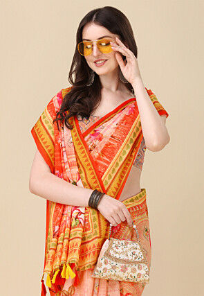 Digital Printed Linen Cotton Saree in Light Peach