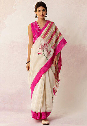 Printed Linen Cotton Saree in Off White