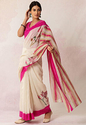 Printed Linen Cotton Saree in Off White
