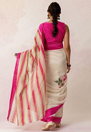 Printed Linen Cotton Saree in Off White