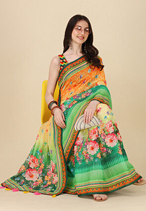 Digital Printed Linen Cotton Saree in Orange and Green