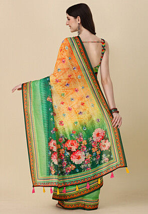 Digital Printed Linen Cotton Saree in Orange and Green