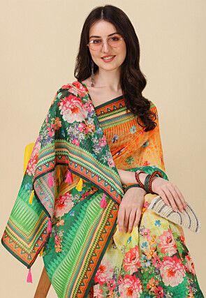 Digital Printed Linen Cotton Saree in Orange and Green