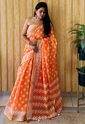 Printed Linen Cotton Saree in Orange