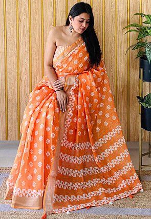 Printed Linen Cotton Saree in Orange