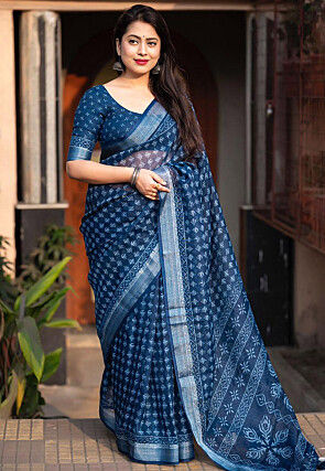 Printed Linen Cotton Saree in Teal Blue