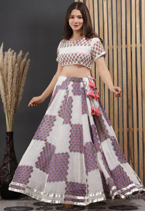 Printed Linen Lehenga in Off White