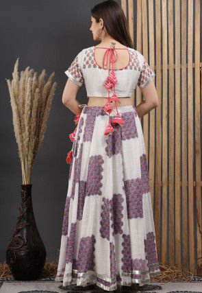 Printed Linen Lehenga in Off White