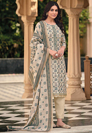 Printed Linen Pakistani Suit in Beige