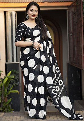 Printed Linen Saree in Black