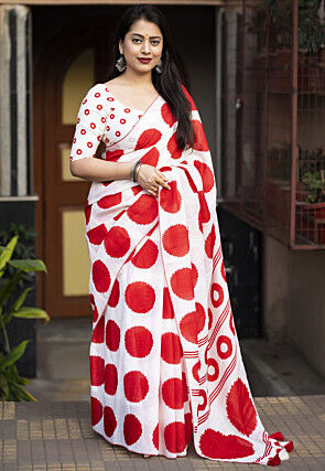 Printed Linen Saree in Off white