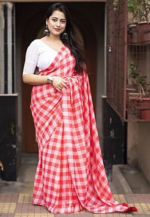 Printed Linen Saree in Red and Pink