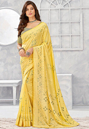Printed Linen Saree in Yellow