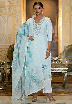 Printed Linen Silk Pakistani Suit in Blue