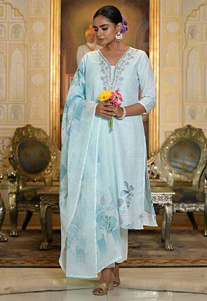 Printed Linen Silk Pakistani Suit in Blue