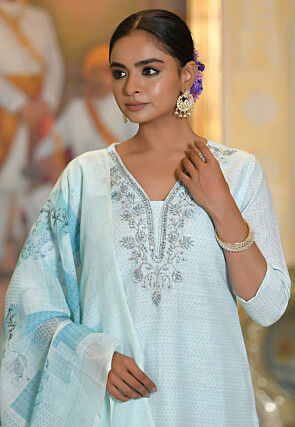 Printed Linen Silk Pakistani Suit in Blue