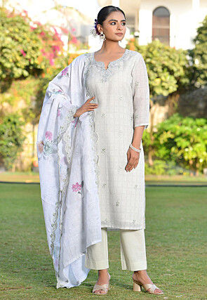 Printed Linen Silk Pakistani Suit in Grey