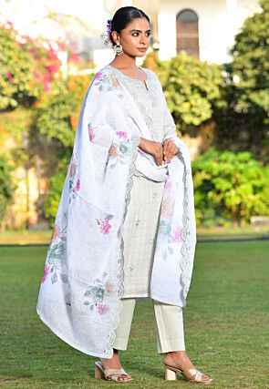 Printed Linen Silk Pakistani Suit in Grey