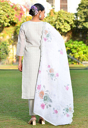 Printed Linen Silk Pakistani Suit in Grey