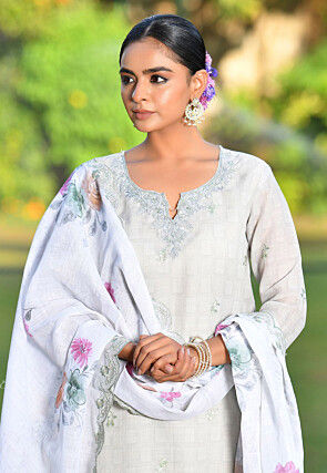 Printed Linen Silk Pakistani Suit in Grey
