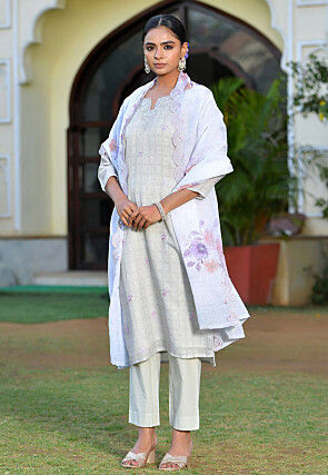 Printed Linen Silk Pakistani Suit in Grey