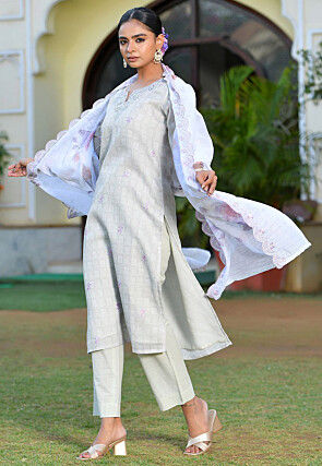 Printed Linen Silk Pakistani Suit in Grey