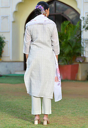 Printed Linen Silk Pakistani Suit in Grey