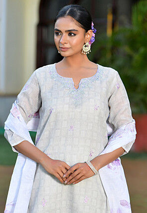 Printed Linen Silk Pakistani Suit in Grey