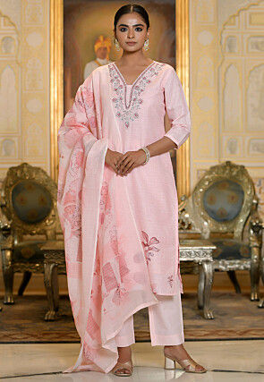 Printed Linen Silk Pakistani Suit in Pink