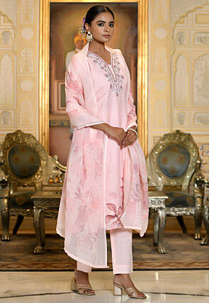 Printed Linen Silk Pakistani Suit in Pink