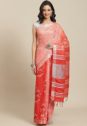 Printed Linen Silk Saree in Peach and Coral Red