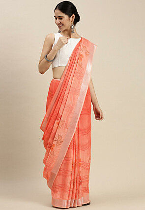 Printed Linen Silk Saree in Peach